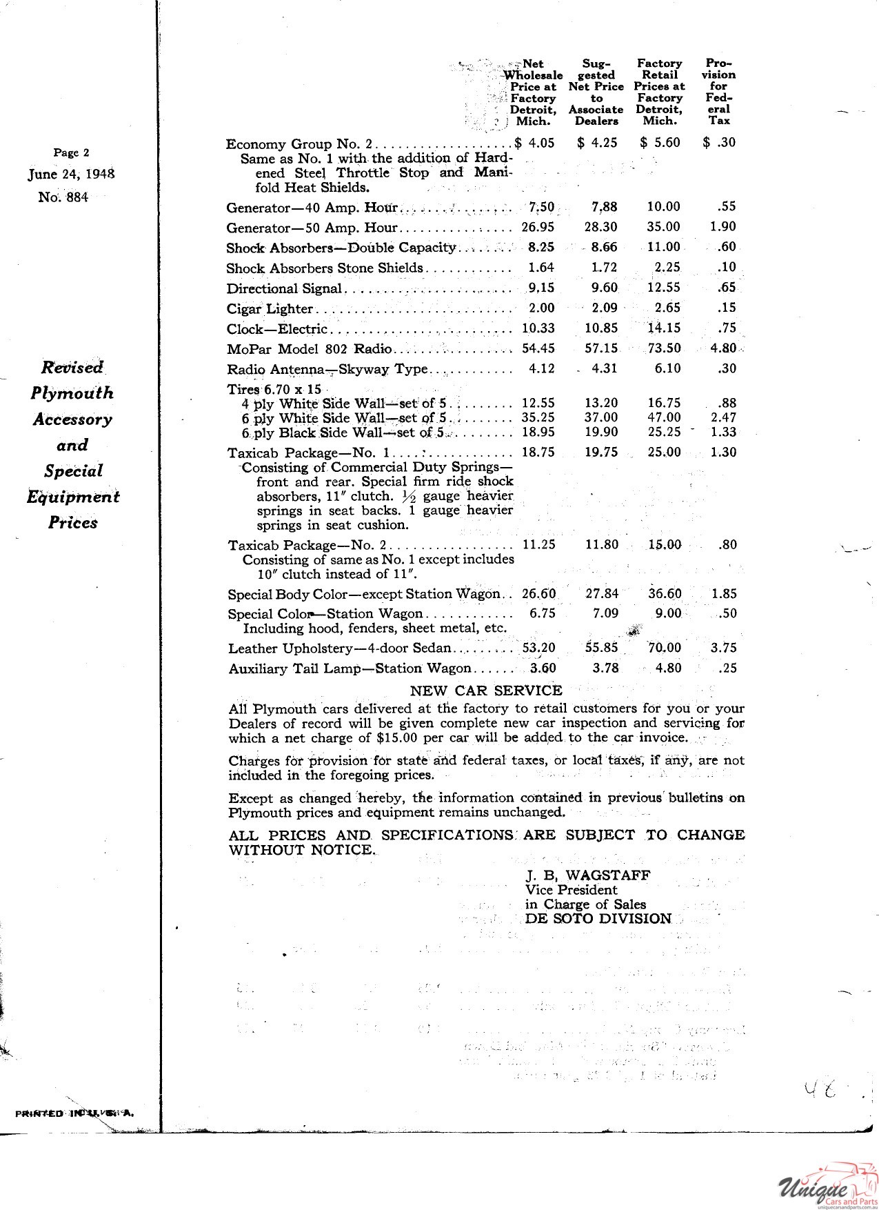 1948 Plymouth Revised Accessory Price List Page 1